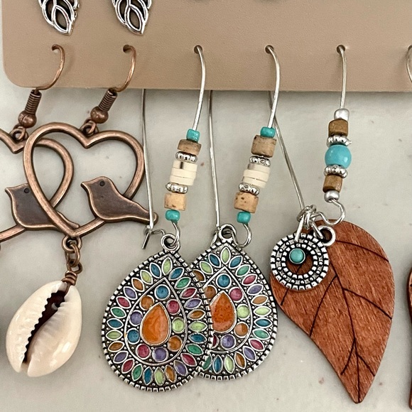 Boho Leaf Shells Feathers Birds Earring Set - Picture 2 of 5